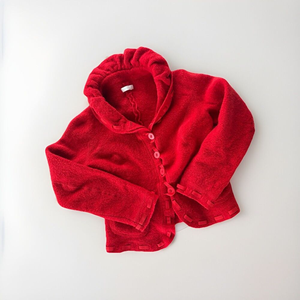 Promod Girls Red Hooded Sweater Size 2T-3T Cozy Button Front Knit